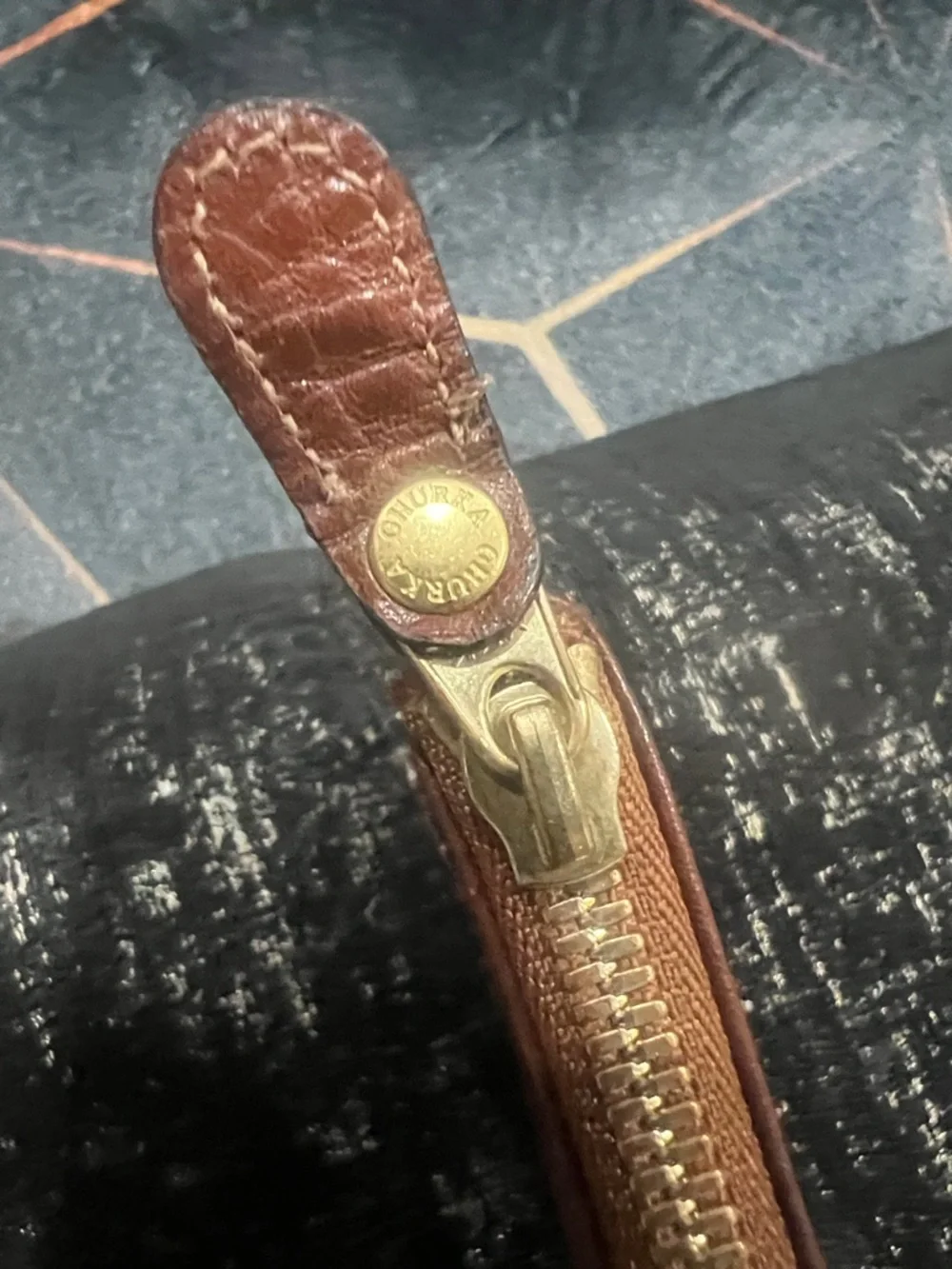 Ghurka Chestnut Pebbled Leather Pouch with Gold Zipper - Picture 7 of 9
